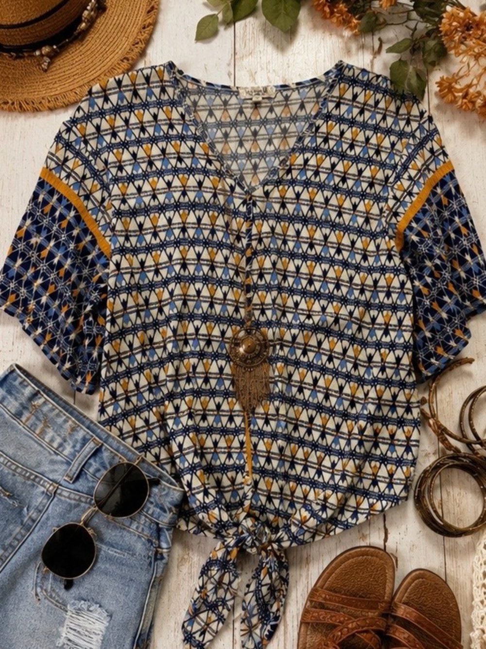 ONE WORLD Navy and Mustard Geometric Button Down Shirt
